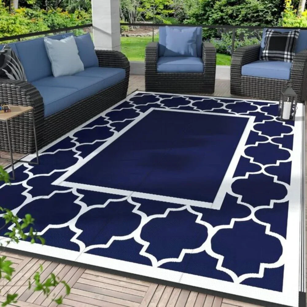 New 5x8 Outdoor Rug, Waterproof Reversible Blue White Mat for Patio & Camper